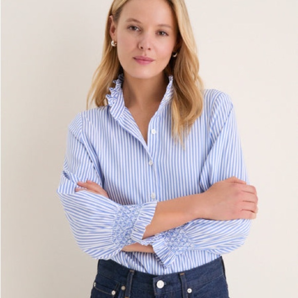 Tuckernuck Blue And White Stripe Teagan Popover Ruffle Top New Size Small